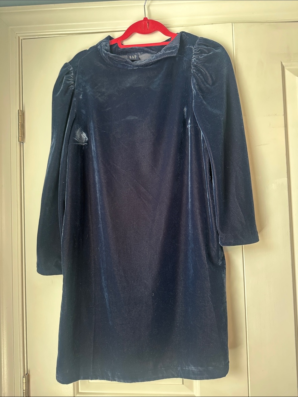 GAP Navy Velvet Shift Dress with Subtle Puff Shoulders